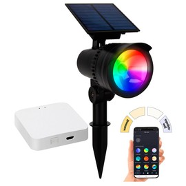 Lunartec Solar Garden Plug: RGB CCT LED Spot with Bluetooth, 50 lm, 1 W, IP44 Including Gateway (Smart Solar LED Spotlight, Solar Spotlight with Ground Spike, Garden Light Floor Lamp)