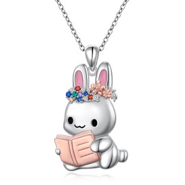Flyow Easter Gifts Rabbit Necklace for Women 925 Sterling Silver Rabbit Reading Book Two Tone Pendant for Girls Animal Jewellery Birthday, Regular, Sterling Silver, Cubic Zirconia