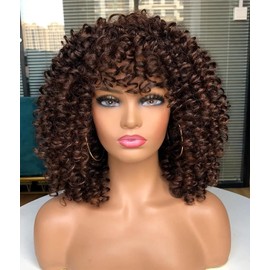 ColourfulPanda Afro Wig Brown Synthetic Brazilian Kinky Curly Natural Hair for Women, Kinky Curly with Fringe Short Wigs for Black Women (Dark Brown)