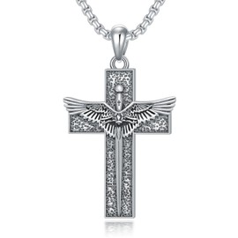 MEIDERBO Sword Cross Necklace 925 Sterling Silver Cross Necklace Cross Angel Wings Pendant Christian Religious Cross Jewelry Gifts for Men Women