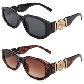 Hycredi Rectangle Sunglasses for Women Men Retro Driving Glasses 90’s Vintage Fashion Irregular Frame UV400 Protection (Black/Grey + Leopard/Brown)