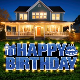 Large Happy Birthday Yard Sign with Stakes,Glow Blue Happy Birthday Decorations Outdoor Lawn Garden Signs with LED Lights for Men Women Boys Girls Birthday Party Supplies Decor Front Home