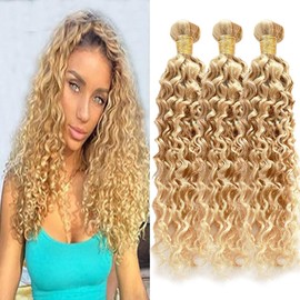 Dokksiiia #613 Ombre Blonde Curly Wave Bundles P27/613 Kinky Curly Human Hair Bundles Highlight 2-Tone P27613 Ombre Honey Blonde Sew-In Weave Extensions Double Weft Brazilian Human Hair 18 20 22 Inch