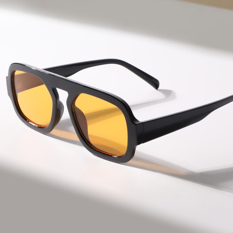 Retro Square Flat Top Aviator Sunglasses for Women Men (Black