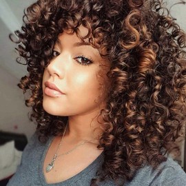 YEESHEDO Afro Wig Dark Brown with Brown Highlights Brazilian Synthetic Brazilian Kinky Curly Natural Hair for Women, Kinky Curly with Fringe Short Wigs for Black Women