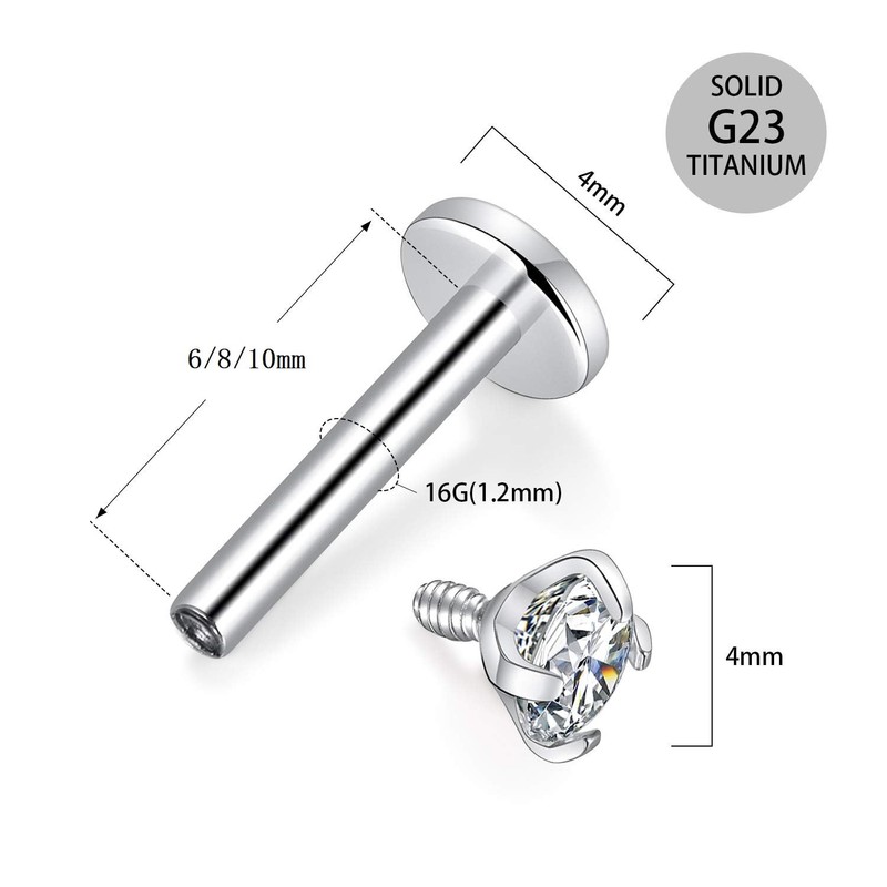 hengkaixuan G23 Titanium 16G 4mm Clear CZ Internally Threaded Labret