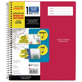 Five Star Interactive Notetaking, 1 Subject, College Ruled Spiral Notebook, 100 Sheets, 11" x 8-1/2", Red (06270AB2)