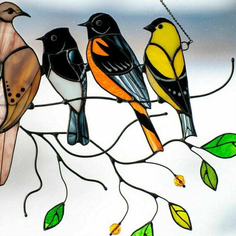 Stained Birds-On-A-Wire Window Panel Hanging Suncatcher Ornament Gifts, Home Decor