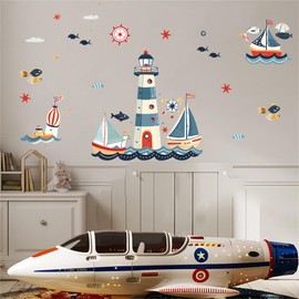 WOHAHA Wall Stickers for Children, Cartoon, Sailboat, Lighthouse, Fish, Japanese Style, Wall Sticker, Children's Room, Living Room, Bedroom, Waterproof, Removable, Sticker, Wall Sticker, Kindergarten,