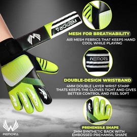 WEMORA Soccer Goalie Gloves for Kids Youth Junior Boys 4mm Anti Slip Latex Palm Grips Football Goalkeeper Gloves (Fluorescent Yellow, Size 3 Suitable for 5 to 6 Year Old, Ambidextrous)
