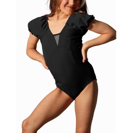 Batermoon Girls Dance Ballet Leotards Gymnastics Short Puff Sleeve Mesh V Back Outfits 5-14 Years Black