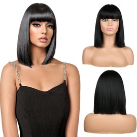 KEYRI Black Bob Wig for Women, 12 Inch Straight Bob Flat Bangs Short Black Wigs Shoulder Length Heat Resistant Synthetic Hair Wigs Hairpieces for Ladies Cosplay Party Fancy Dress Daily Use