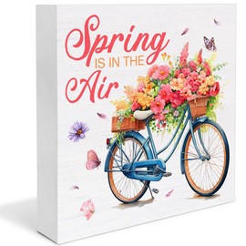 Spring Decor, Farmhouse Spring Desk Decorations Floral Bicycle Wood Plaque Block Sign Rustic Home Decor 5 x 5 Inches