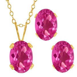 Gem Stone King 2.05 Cttw Oval Pink Mystic Topaz 18K Yellow Gold Plated Silver Pendant Earrings Set For Women | Oval 7X5MM and 6X4MM | With 18 Inch Chain