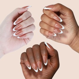 LY LANYOS Press On Nails Almond, Glossy Fake Nails, Supremely Fit Glue on Nails, Reusable Stick on nails with Nail Glue in 16 Sizes, 32 Pcs, Brown French