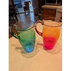 Anyko NEW Set Of Two Plastic 52 oz Pitchers 8.25" Festive Green, Blue/Orange, Pink Hue