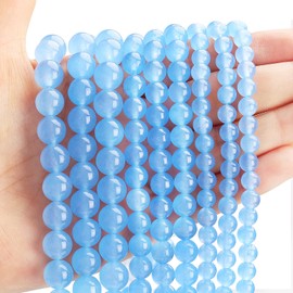 8mm Aquamarine Chalcedony Round Semi Precious Loose Stone Beads, Natural Gemstone Beads Energy Healing Stones with Free Stretch Cord for Jewelry Making, DIY Bracelet Necklace