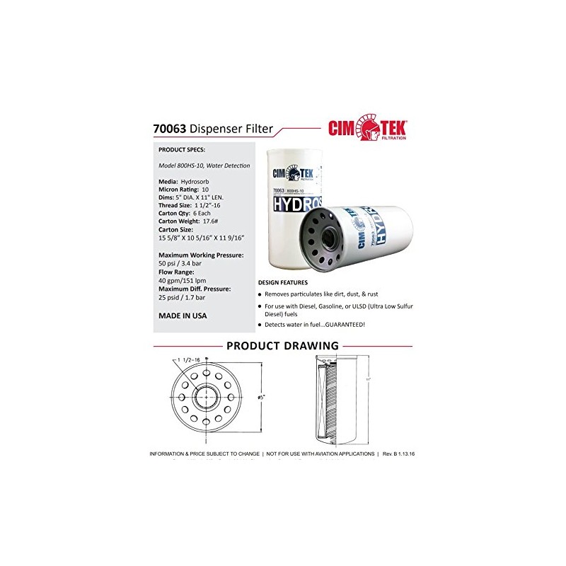 Cim-Tek 70063 800HS-10 Fuel Dispenser Filter, 10 Micron Water