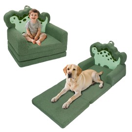 TinyPalsa Kids Couch, 53.1”x23.6”x20.8”Sofa Bed, Convertible Sofa to Lounger Fold Out, Green Dinosaur Design Chair for Toddlers 1-3 for Movie Night, Camping, and Napping