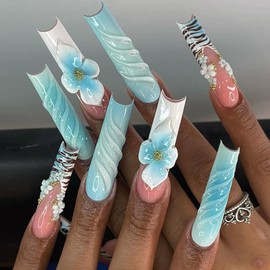 Extra long Press on Nails Square French Tip Fake Nails with Embossed 3D Flower Designs Blue Leopard print Stick on Nails Fall Glossy Acrylic Nails for Women 24pcs