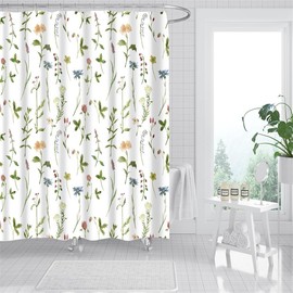 Country Wildflower Floral Plant Shower Curtain, Farmhouse Multicoloured Botanical Flower Leaves Herb Flower Plant Curtain for Girl/Women Bathroom Decor