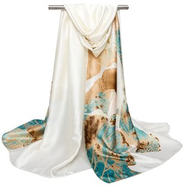 NaSoPerfect Silk Feeling Scarf Large Satin Headscarf Fashion Lotus Leaf Pattern Wrap Neck Scarves for Women White