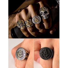 Secret Society Compass Black Round Signet Rings Mens Freemason Masonic Mens Jewelry Size 10