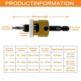 HEYOUTH Countersunk Drill Bit Wood, 3 Pieces, Drill Countersink with Depth Stop, Wood Drill with Countersink, Made of HSS-M2.1/4 Inch Hex Shank, Precise Drills, with Wood Plug Cutter, for Wood