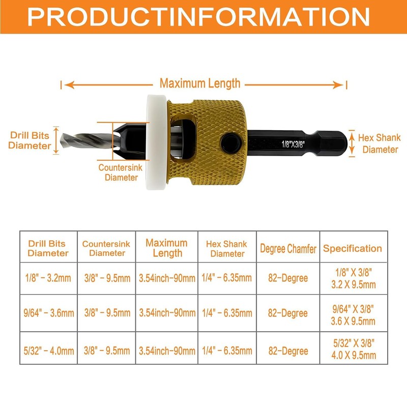 HEYOUTH Countersunk Drill Bit Wood, 3 Pieces, Drill Countersink with