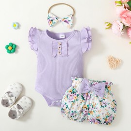 ABCRR Baby Girl Clothes Newborn Infant Summer Outfits Ruffle Sleeve Romper and Floral Shorts Set for 0-18 Months (Purple, 3-6 Months)