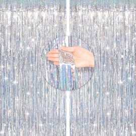 Tinsel Foil Fringe Curtains Backdrop 2 Pcs 3.2x8.2 ft - Sparkly Party Decor for Christmas, Wedding, Birthday Photo Booth - Glitter Drapes Silver