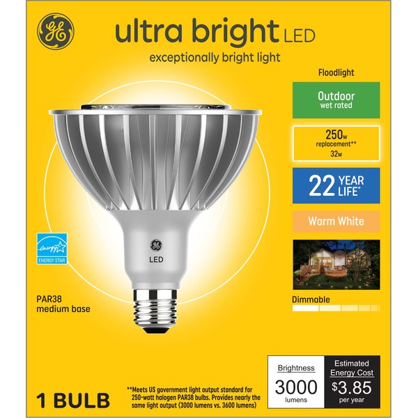 GE Lighting Ultra Bright LED Light Bulbs, Outdoor Floodlight Bulb, Wet Rated, Warm White (1 Pack), 32 watts