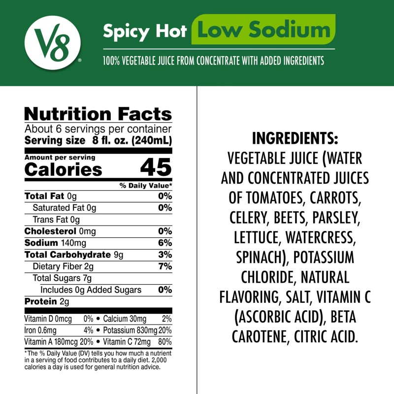 V8 Original Low Sodium Spicy Hot 100% Vegetable Juice, 46