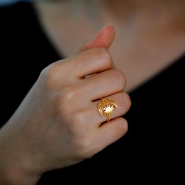 Dreamtimes Crescent Moon Sun Ring for Women Girls Adjustable Stainless Steel Open Finger Moon Rings Trendy Bohemian Jewellery Birthday Gift, Stainless Steel, No Gemstone