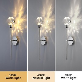 Untrammelife 1-Light Wall Sconce Lighting, Modern Crystal Indoor Wall Sconce in Polished Nickel Finish 3 Color Temperatures 8W Dimmable LED Wall Mounted with Long Arm for Bathroom Vanity Bedroom