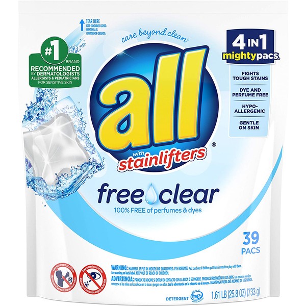 all Mighty Laundry Detergent Pacs, Free Clear for Sensitive Skin, Unscented and No Dye, 39 Count