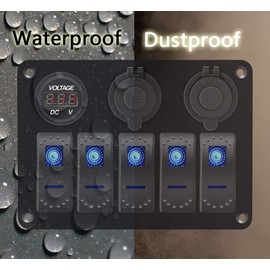 Garfour 5 Gang Marine Switch Panel - Waterproof Boat Switch Panel with 3.1A Dual USB, LED Voltmeter & Cigarette Lighter Socket for Boats, Trucks, RVs, SUVs