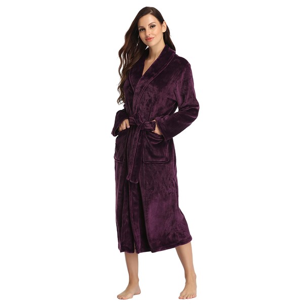 RONGTAI Womens Bathrobe Ladies Fleece Plush Warm Long Robes （Large,Dark