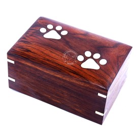 Hind Handicrafts Brass Paw Inlaid Rosewood Pet Urn for Dogs Cats Memorial Keepsake Urns for Ashes, Photo Wooden Box Cremation Urn (X-Small: 5" x 3" x 2" - 10lbs or 4.5kg, Two Paw)