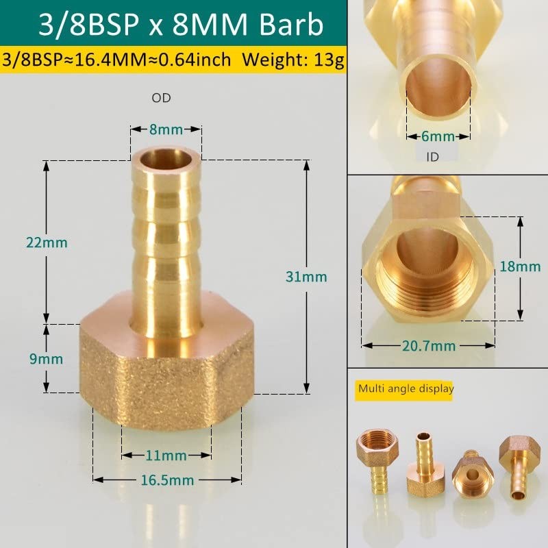 MiJunHD 2X Brass Pipe Fitting 8mm Hose Barb Tail 3/8''