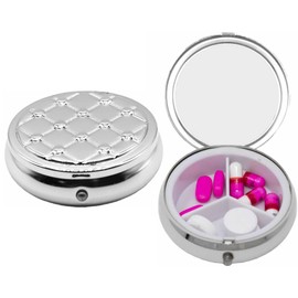 Set of 2 Circular Embossed Triple-Compartment Pocket Purse Pill Box & Organizer (Silver Hearts)