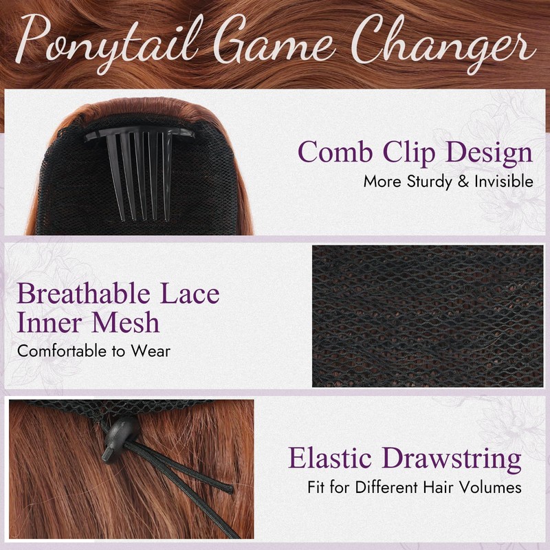 BARSDAR Medium Auburn Wavy Drawstring Ponytail Extensions, 20 Inch Drawstring