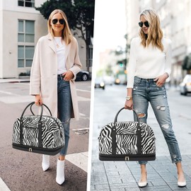 Weekender Bag for Women Canvas Overnight Bag Large Travel Bags for Women Carry on Shoulder Duffle Bag With Shoe Compartment,Perfect for Travel/Daily Use/Birthday Gift（Black Zebra）