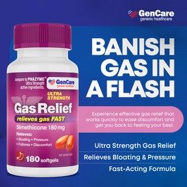 GenCare - Ultra Strength Simethicone Gas Relief 180 mg (180 Softgels) | Anti Flatulence, Bloating Aid, Stomach Discomfort and Gas Pressure Reliever Pills | Relieves Gas Fast | Generic Phazym
