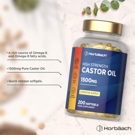 Castor Oil Capsules 1500mg | 200 Softgel Capsules | Digestive Health | Rich in Omega 6 & 9 | Pure Castor Oil Supplement | By Horbaach