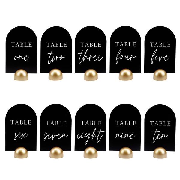 Hanna Roberts Modern Cursive Table Number Black Card Stock Half Circle Signs with Round Stand for Wedding Reception, Restaurant, Event Party, 4" x 6" (Gold, Set of 10, Numbers 1-10)