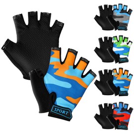AMFUN Children's Half Finger Cycling Gloves, Fingerless Cycling Gloves for Children, Non-Slip & Breathable for Cycling, Climbing, Skating, Boating (Camouflage Orange)