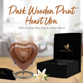 Metallic Wooden Print Heart Urn for Human Ashes Men & Women - Decorative Cremation Urn Heart for Ashes - Honor Your Loved One with Handcrafted Wooden Heart Funeral Urn with Stand (Dark Wooden, Small)