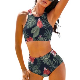 Cerburny Conjunto de bikini de cintura alta para mujer, traje de baño de 2 piezas, bikini de cuello alto, espalda cruzada, flor (flower 7), XL