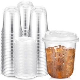 Baderke 100 Sets 12oz Disposable Crystal Clear Plastic Cups With Lids, Round Bottom Iced Coffee Cups With Lid for Smoothie, Cold Beverages, Drinking Cups, Cold Drinks for Party, Wedding, Event